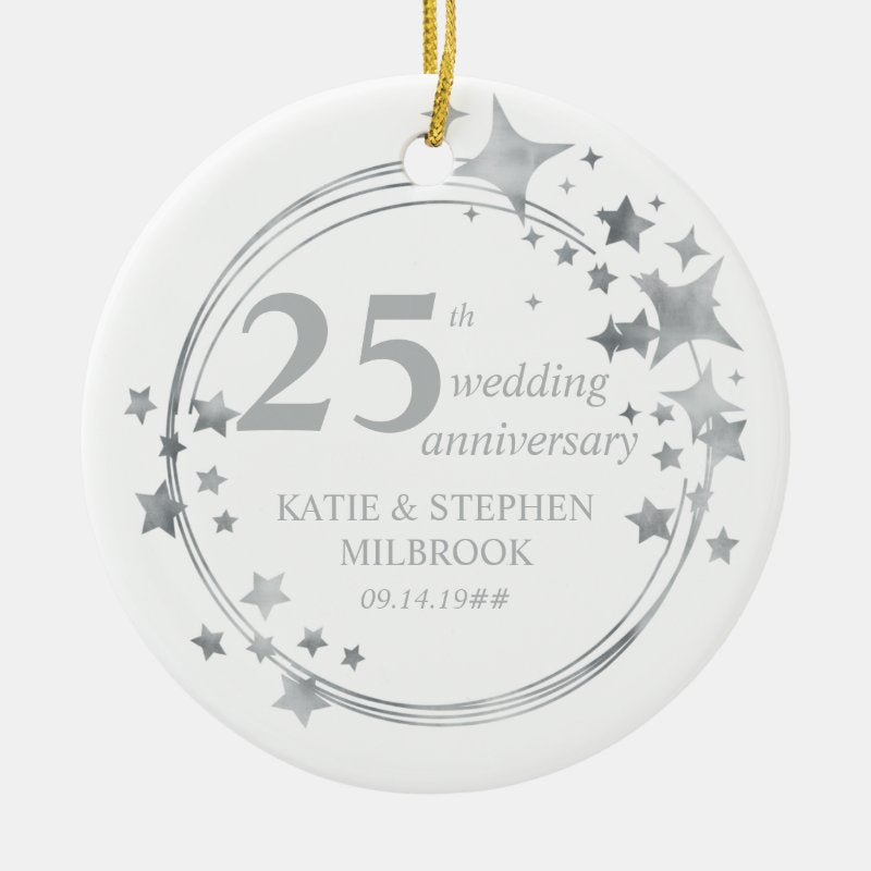 25Th Silver Wedding Anniversary Photo Silver Stars Ceramic Ornament