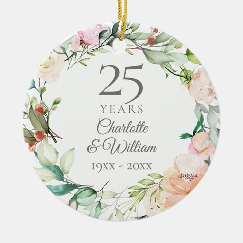 25Th Wedding Anniversary Photo Roses Garland Ceramic Ornament