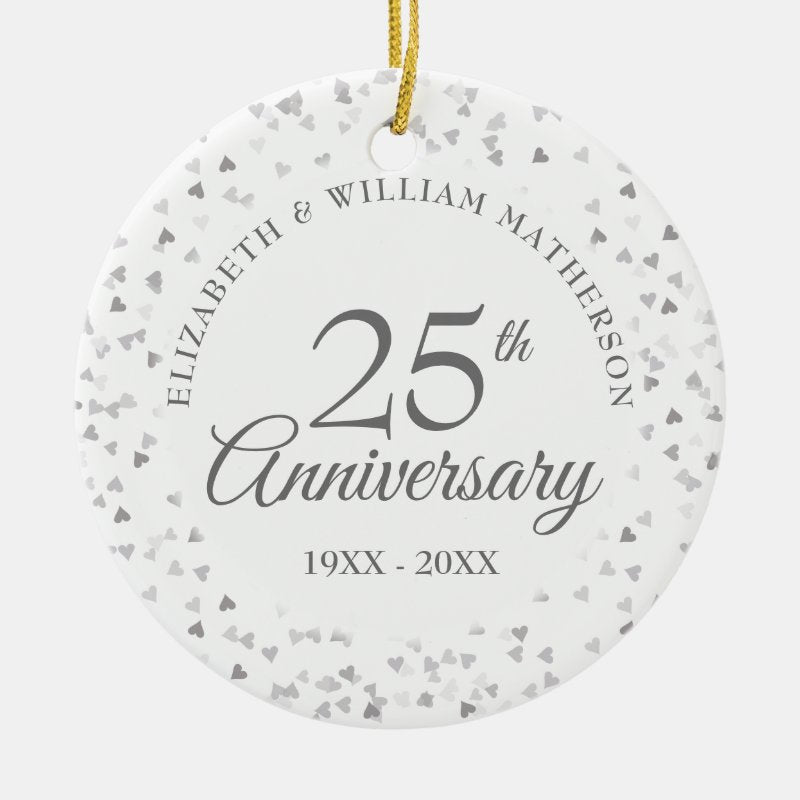 25Th Wedding Anniversary Photo Silver Hearts Ceramic Ornament