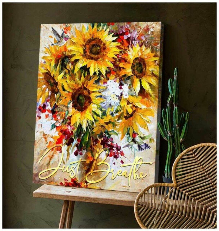 Sunflower and Hummingbird Just breathe Canvas And Poster, Canvas Wall Art, Wall Decor Visual Art