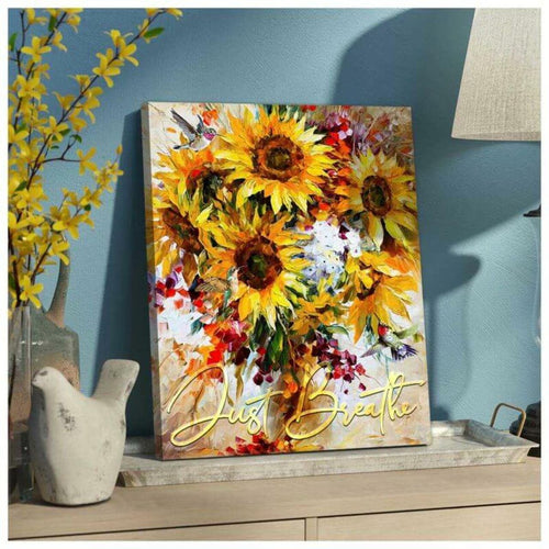 Sunflower and Hummingbird Just breathe Canvas And Poster, Canvas Wall Art, Wall Decor Visual Art
