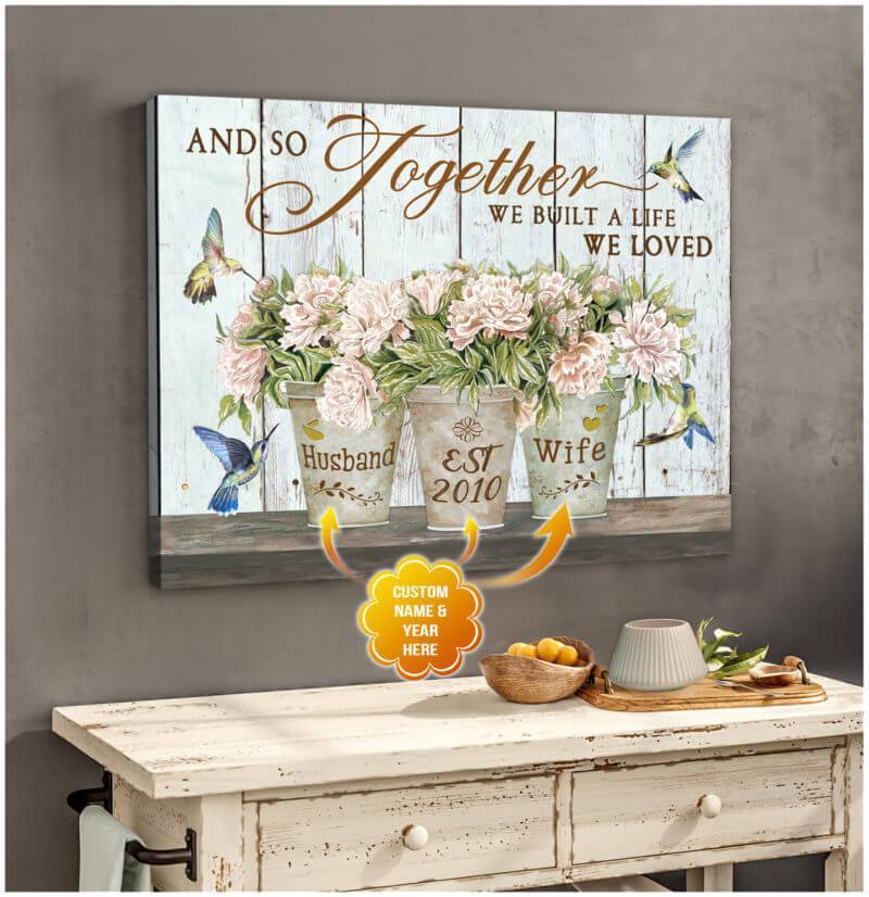 Hummingbird Couple Name and Year And so together we built a life Canvas And Poster, Wall Decor Visual Art