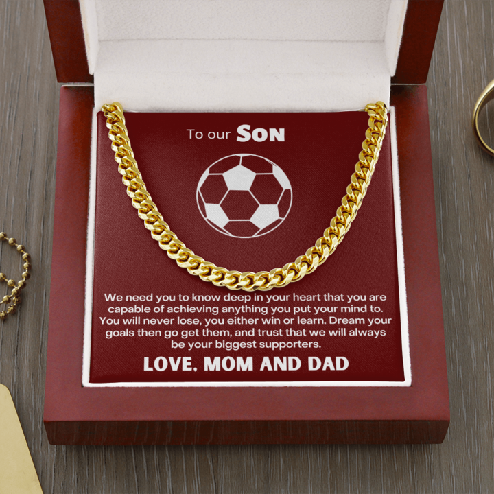 To Our Soccer Crazy Son Necklace - Dream Your Goals Then Go Get Them - Cuban Link Chain Necklace