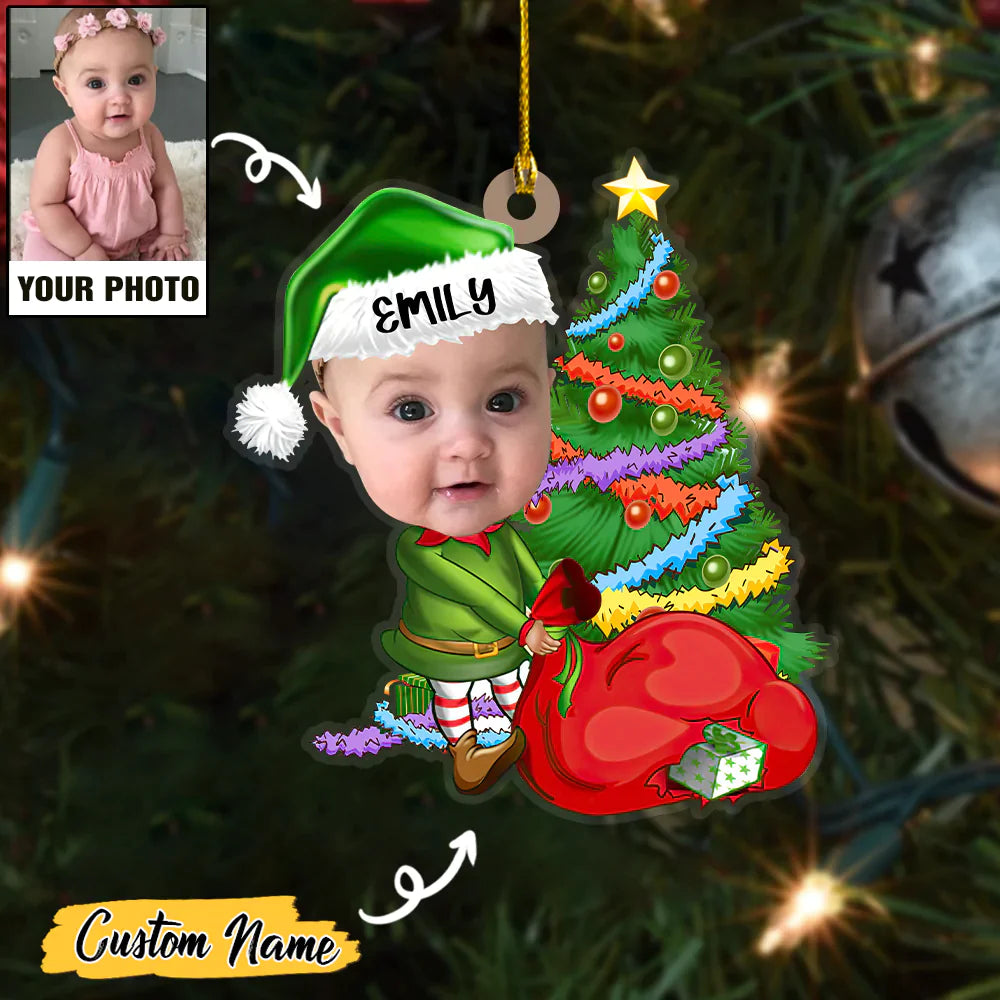 Baby Elf And Christmas Tree Custom Photo With Name Ornament CTH01
