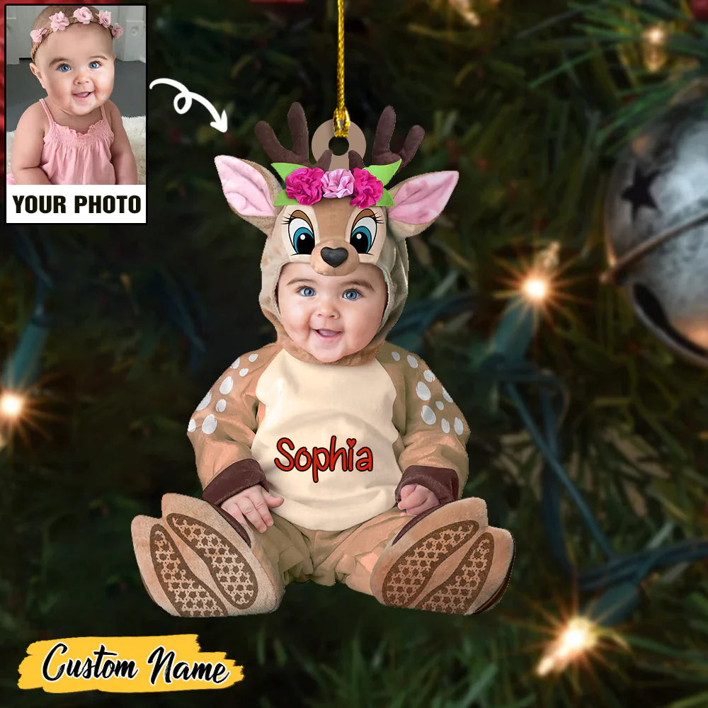 Reindeer Custume Baby Girls And Boy Custom Photo With Name Ornament CTH01