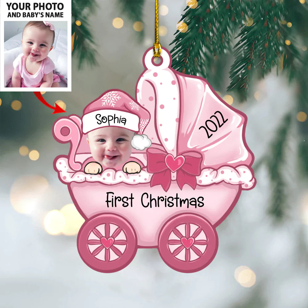 Cute Baby Strollers Ornament - Baby First Christmas Custom Name And Photo
