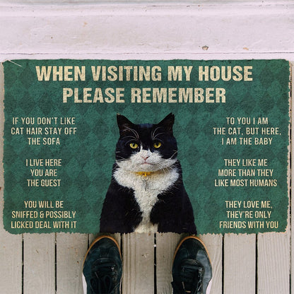 3D Please Remember Tuxedo Cat House Rules Doormat