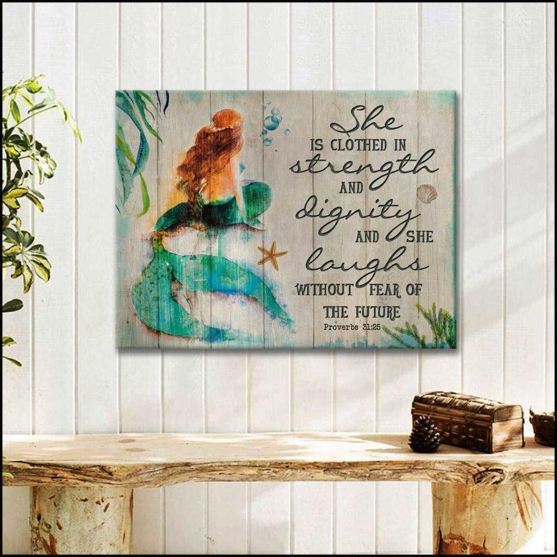 She Is Clothed In Strength and Dignity Mermaid Beach Canvas And Poster, Canvas Painting, Wall Decor Visual Art