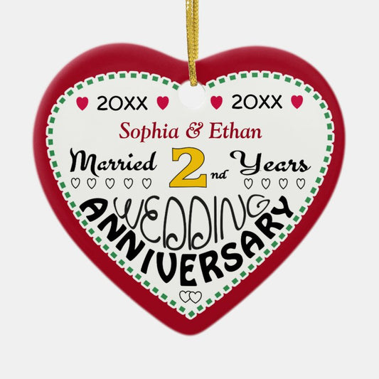2Nd Anniversary Gift Heart Shaped Christmas Ceramic Ornament