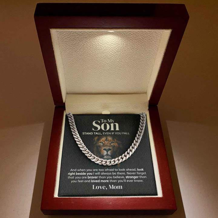 To My Son - Stand tall, even if you fall from Mom - Personalized Cuban Link Chain Necklace - TGV