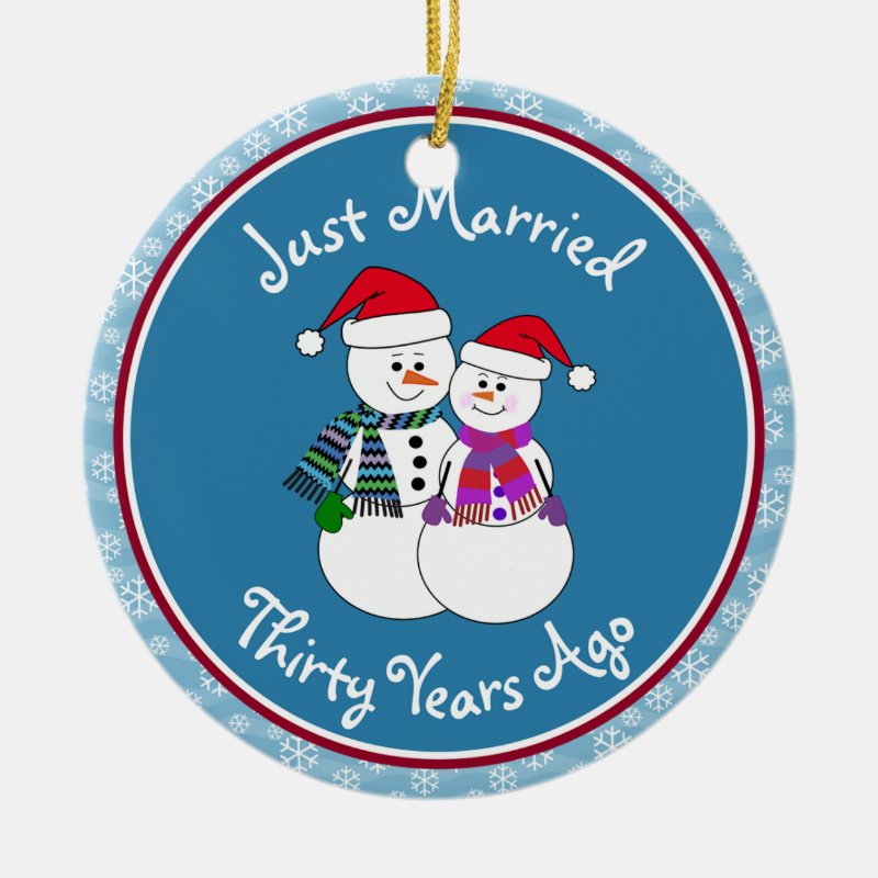 30Th Anniversary Gift Fun Snow Couple Ceramic Ornament