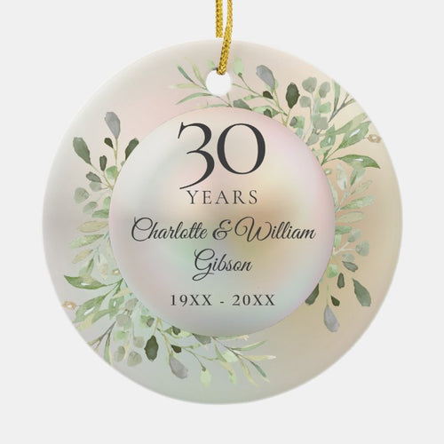 30Th Wedding Anniversary Watercolor Greenery Pearl Ceramic Ornament