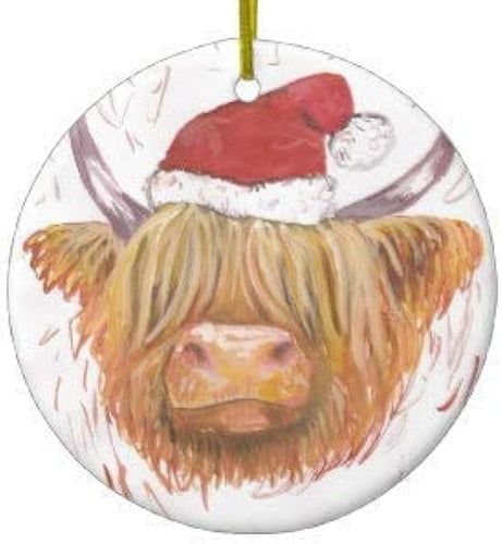 Christmas Coo Highland Cow With Christmas Hat Ceramic Ornament