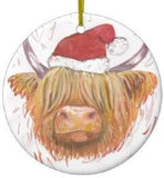 Christmas Coo Highland Cow With Christmas Hat Ceramic Ornament