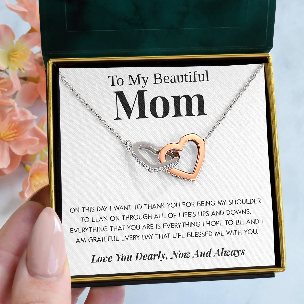 To My Beautiful Mom "Life's Blessing" Interlocking Hearts Necklace