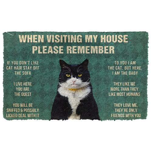 3D Please Remember Tuxedo Cat House Rules Doormat
