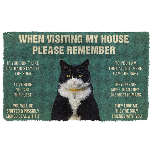 3D Please Remember Tuxedo Cat House Rules Doormat