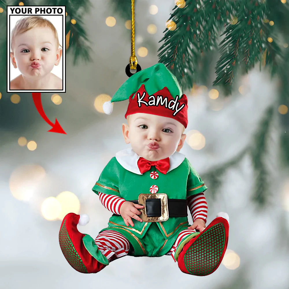 Custom Baby Cartoon Boy Cute Photo With Name for Christmas Ornament