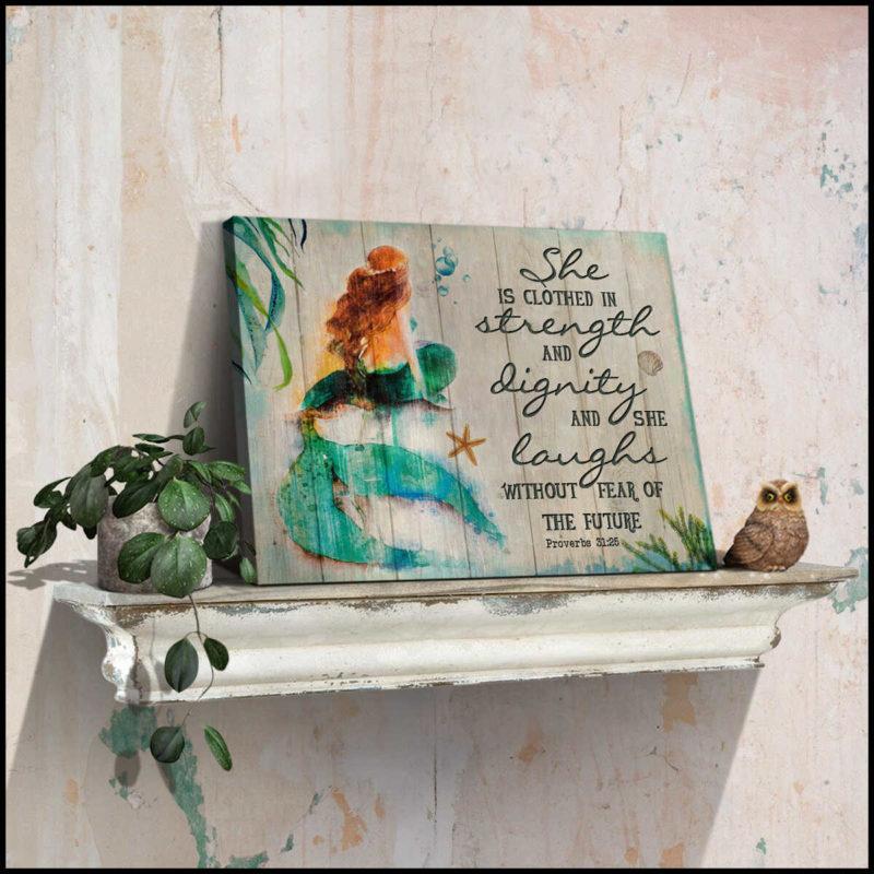 She Is Clothed In Strength and Dignity Mermaid Beach Canvas And Poster, Canvas Painting, Wall Decor Visual Art
