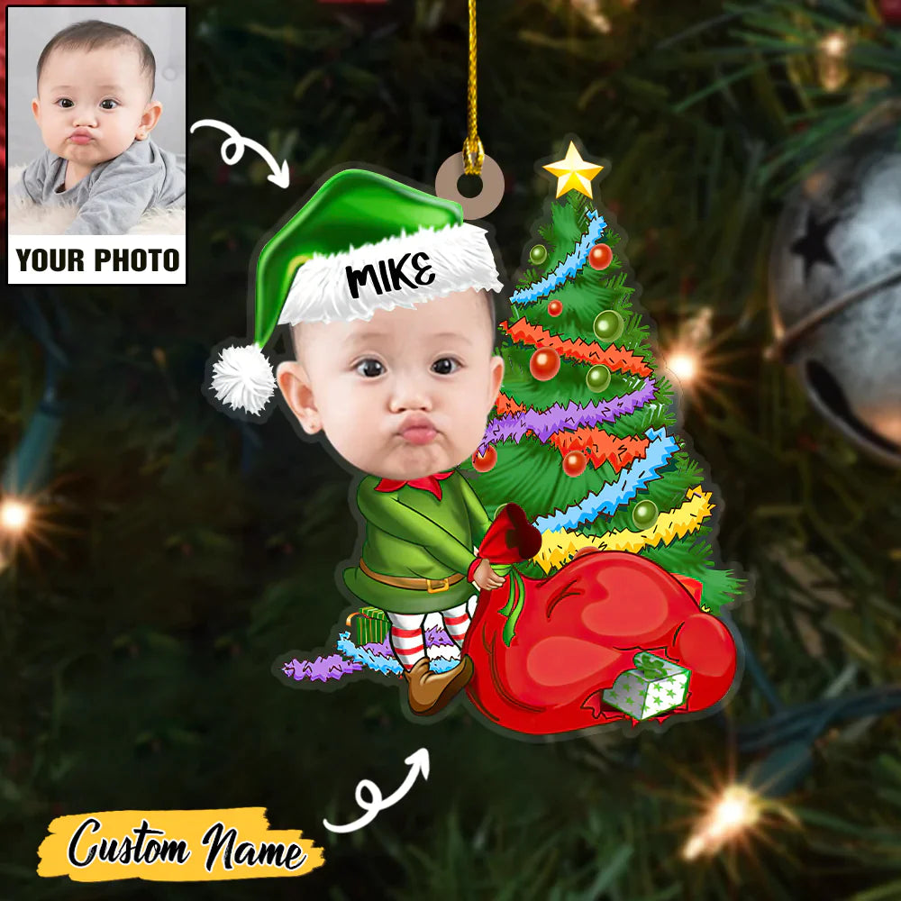 Baby Elf And Christmas Tree Custom Photo With Name Ornament CTH01