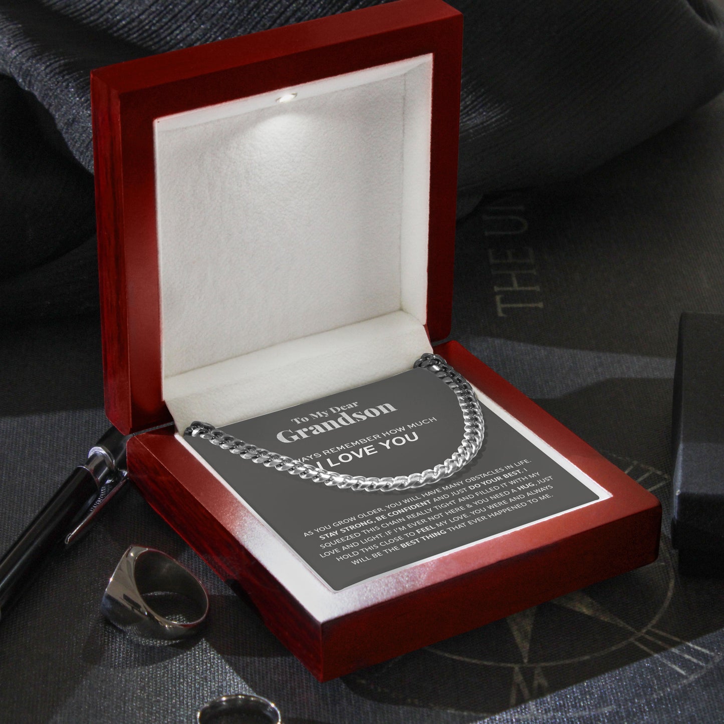 Necklace for Grandson - To My Dear Grandson Necklace I Love You, Gift for Grandson Cuban Link Chain Necklace