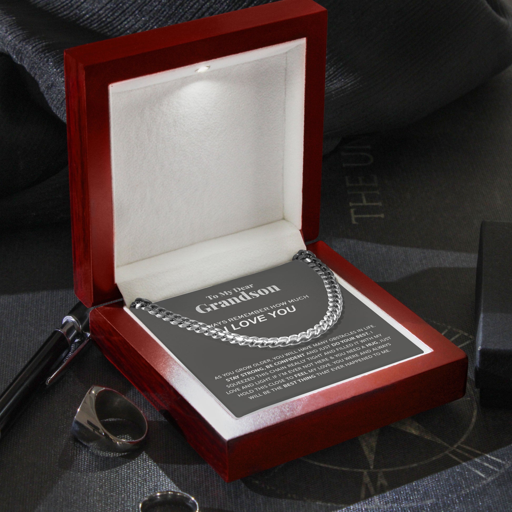 Necklace for Grandson - To My Dear Grandson Necklace I Love You, Gift for Grandson Cuban Link Chain Necklace