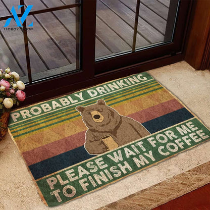 3D Bear Probably Drinking Coffee Please Wait Custom Doormat | Welcome Mat | House Warming Gift