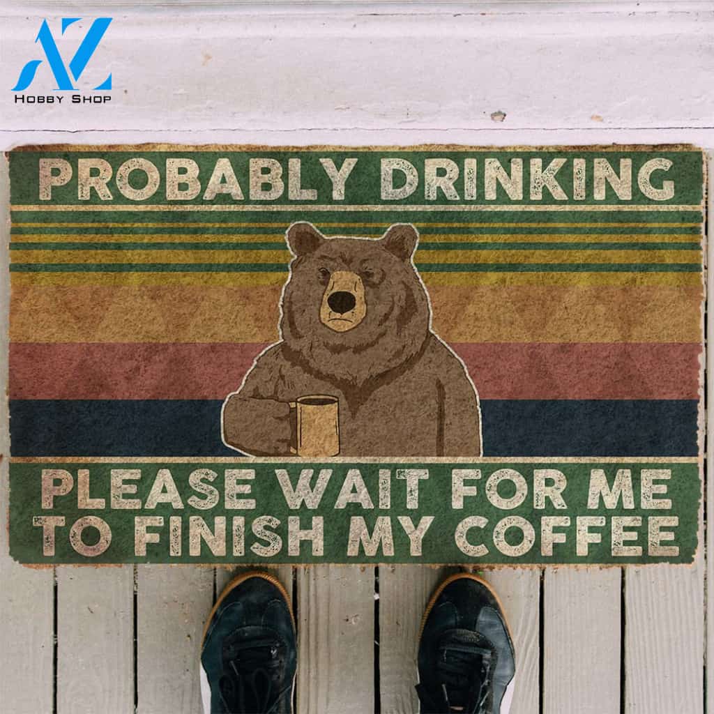3D Bear Probably Drinking Coffee Please Wait Custom Doormat | Welcome Mat | House Warming Gift