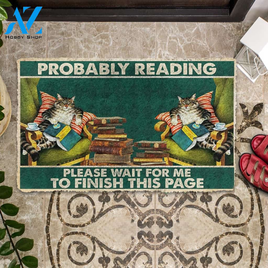 3D Cat Probably Reading Please Wait Custom Doormat | Welcome Mat | House Warming Gift