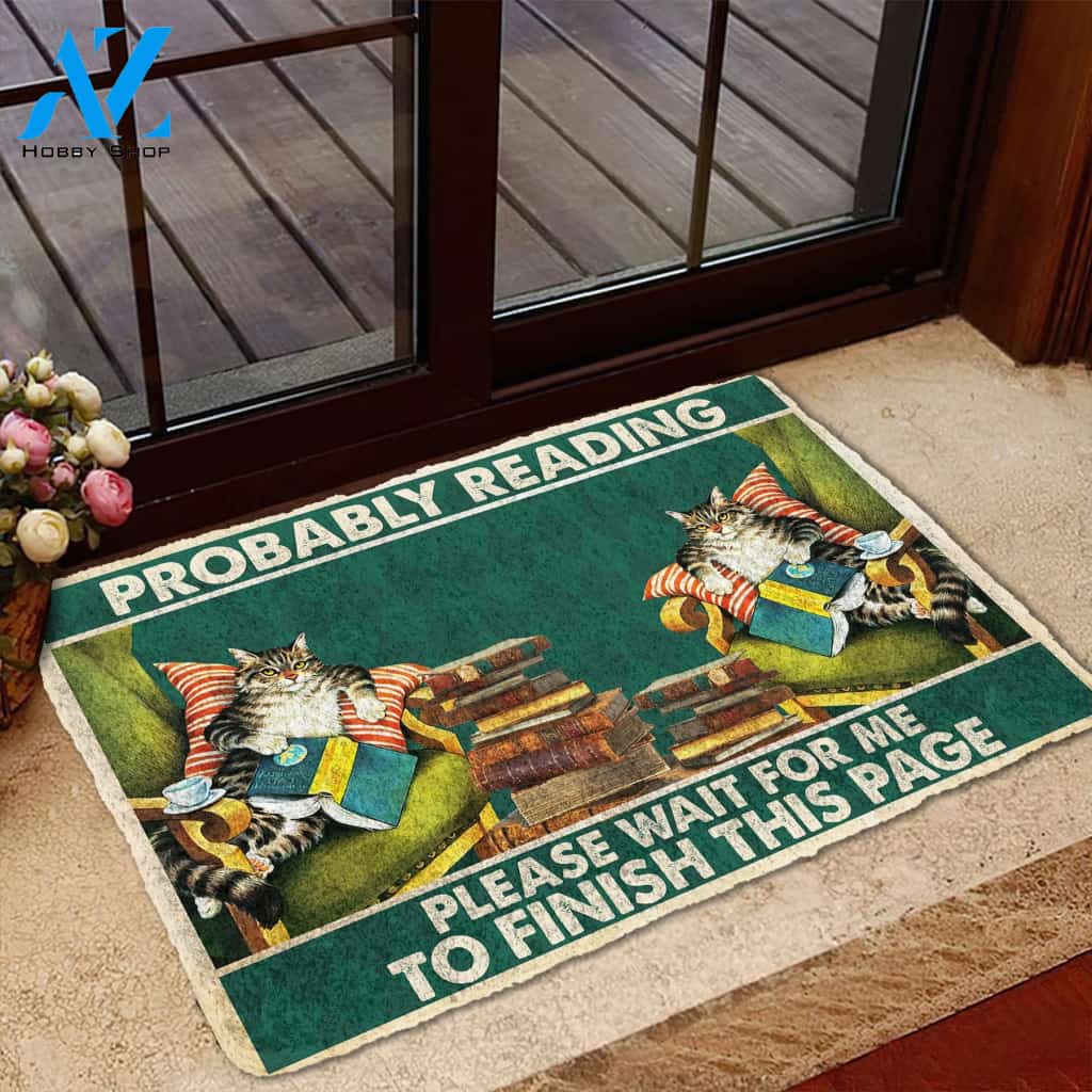 3D Cat Probably Reading Please Wait Custom Doormat | Welcome Mat | House Warming Gift
