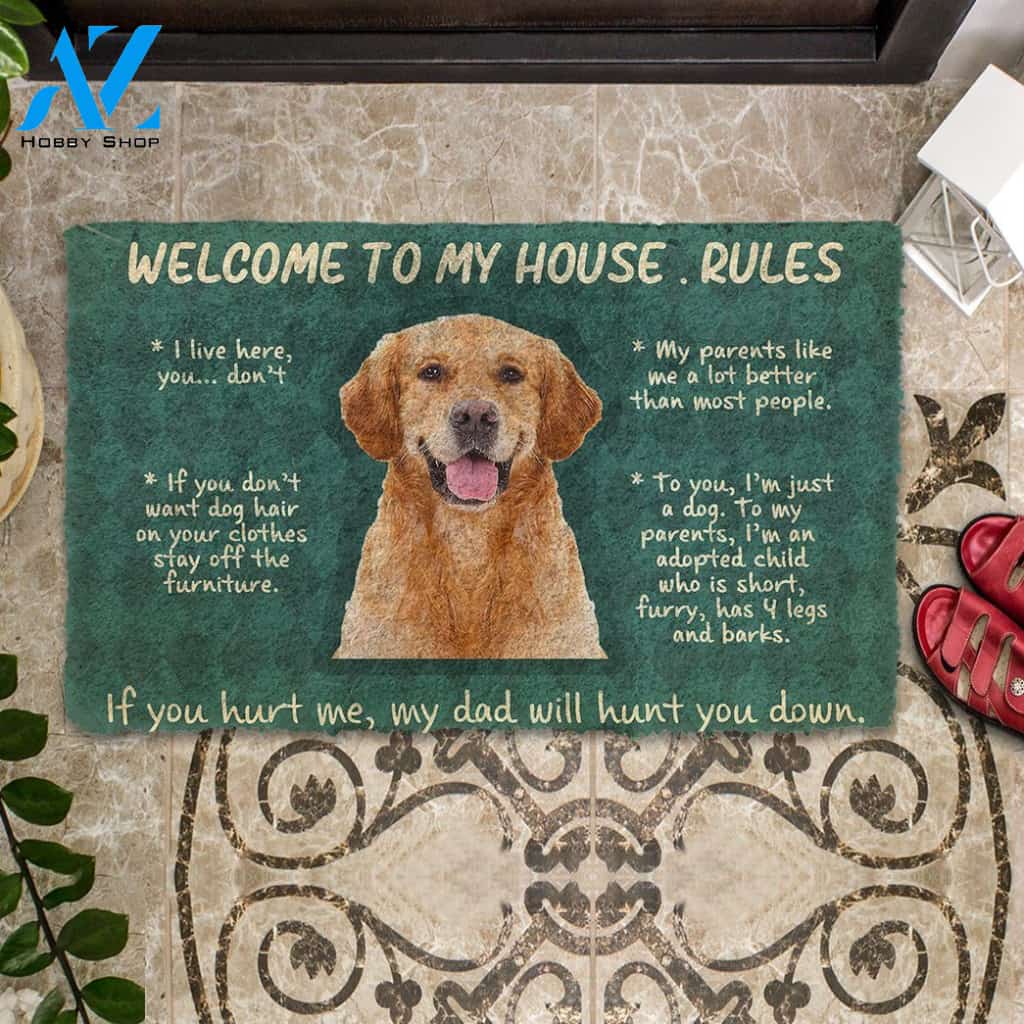 3D Golden Retriever Welcome To My House Rules Custom Doormat | Welcome Mat | House Warming Gift