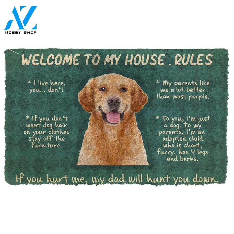 3D Golden Retriever Welcome To My House Rules Custom Doormat | Welcome Mat | House Warming Gift