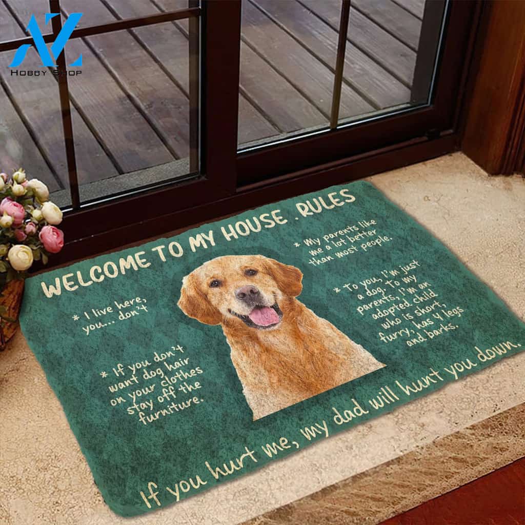 3D Golden Retriever Welcome To My House Rules Custom Doormat | Welcome Mat | House Warming Gift