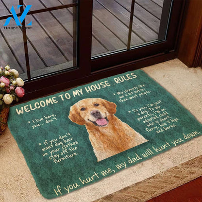 3D Golden Retriever Welcome To My House Rules Custom Doormat | Welcome Mat | House Warming Gift