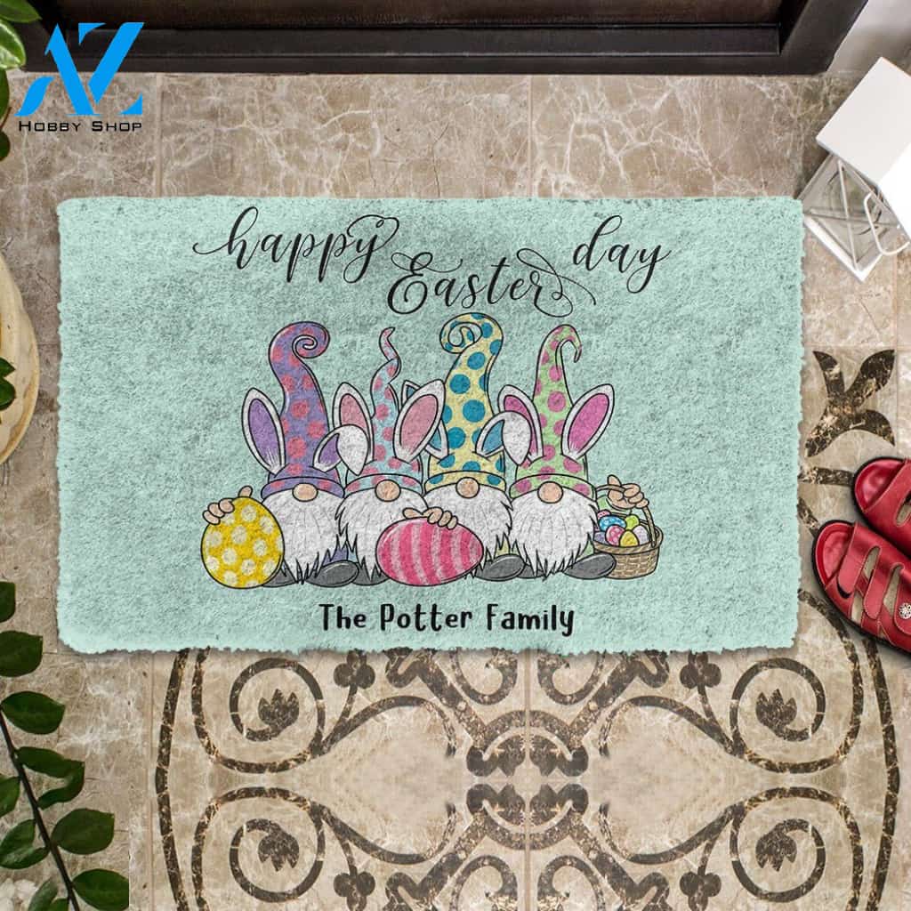 3D Happy Easter Gnomes Custom Name Doormat | Welcome Mat | House Warming Gift