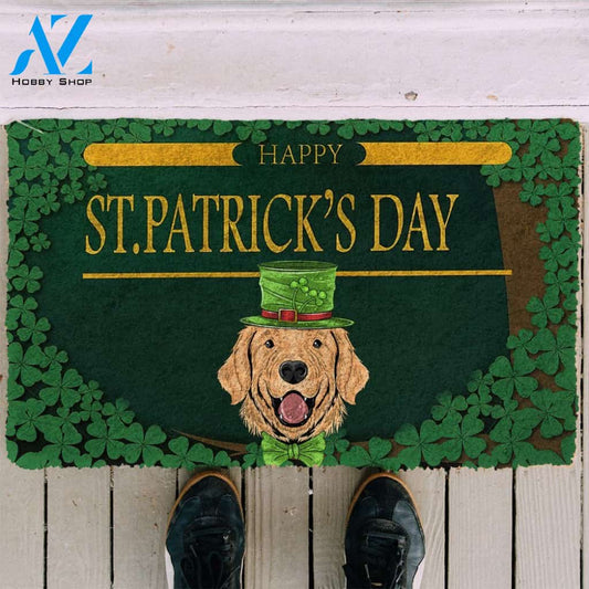 3D Happy St Patrick Day Golden Retriever Custom Doormat | Welcome Mat | House Warming Gift
