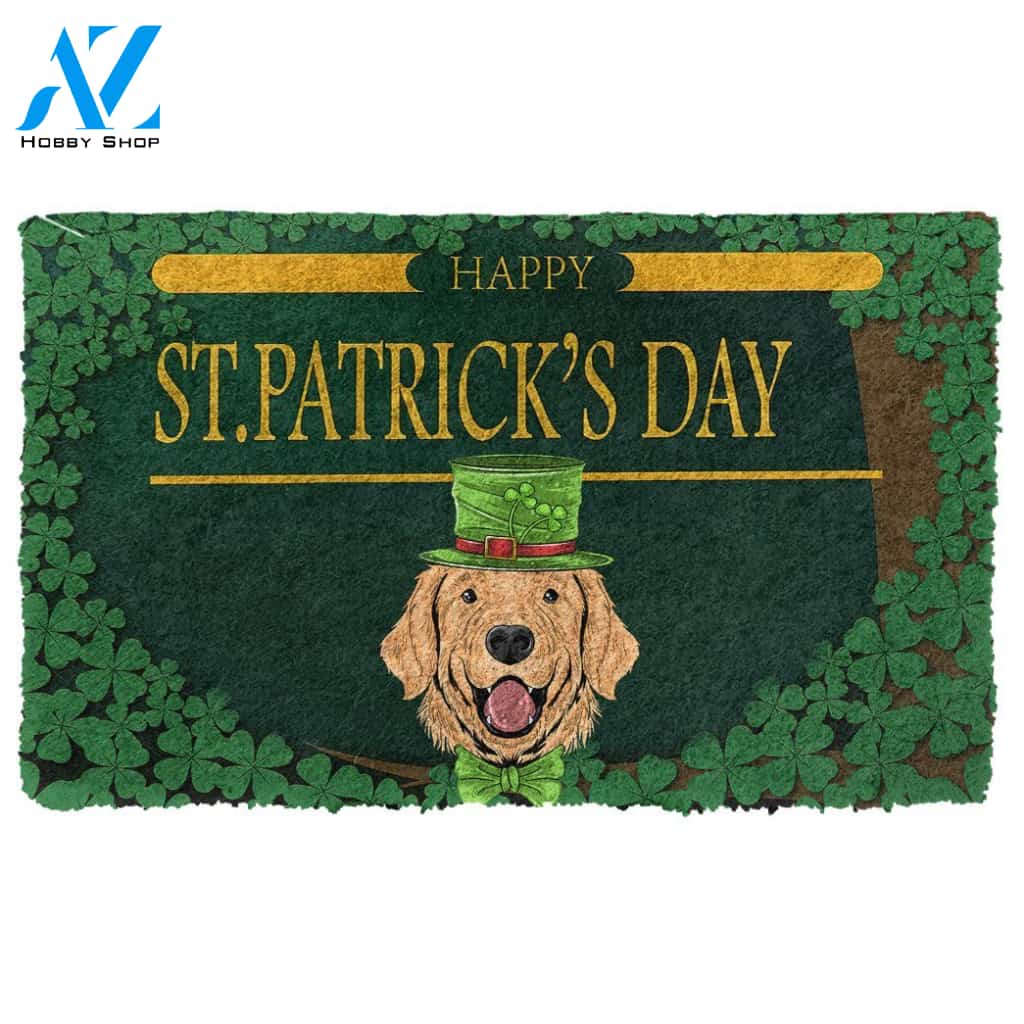 3D Happy St Patrick Day Golden Retriever Custom Doormat | Welcome Mat | House Warming Gift