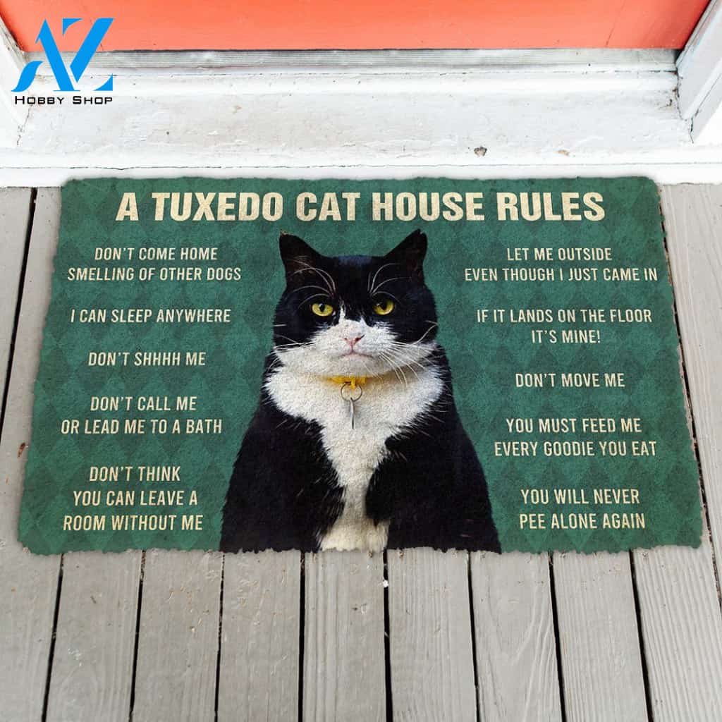 3D House Rules Tuxedo Cat Doormat | Welcome Mat | House Warming Gift