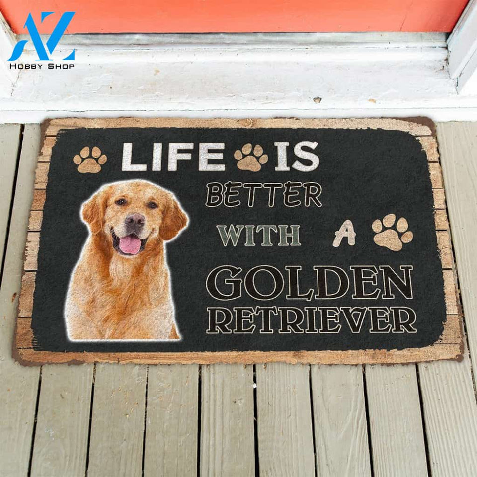 3D Life Is Better With A Golden Retriever Custom Doormat | Welcome Mat | House Warming Gift