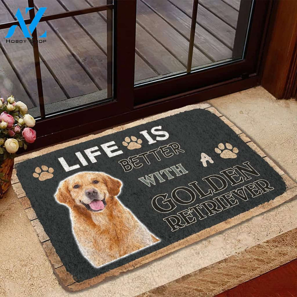 3D Life Is Better With A Golden Retriever Custom Doormat | Welcome Mat | House Warming Gift