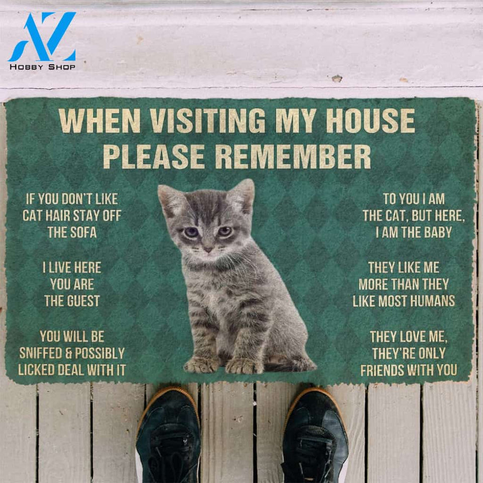 3D Please Remember Gray Tabby Kitten Cats House Rules Custom Doormat | Welcome Mat | House Warming Gift