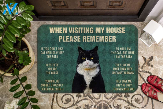3D Please Remember Tuxedo Cat House Rules Doormat