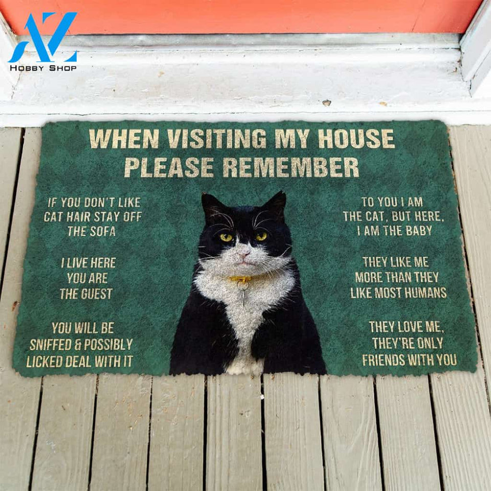 3D Please Remember Tuxedo Cat House Rules Doormat | Welcome Mat | House Warming Gift