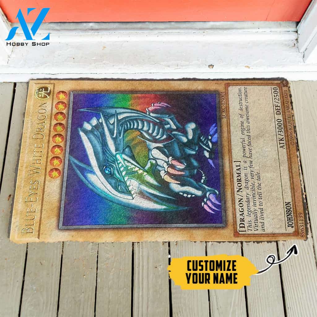 3D Yugioh Ultra Rare 1st Edition Blue Eyes White Dragon Card Custom Name Doormat | Welcome Mat | House Warming Gift