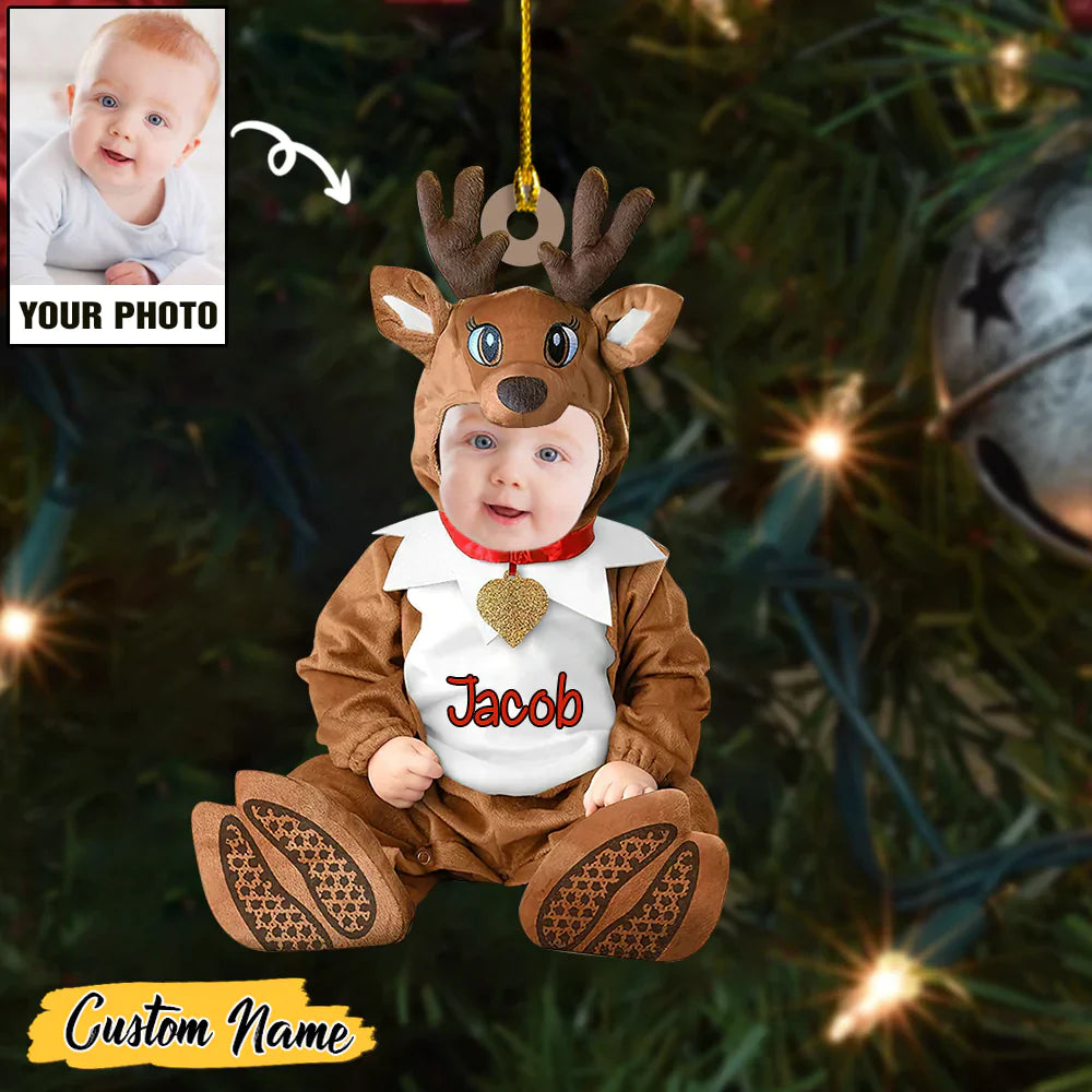 Reindeer Custume Baby Girls And Boy Custom Photo With Name Ornament CTH01