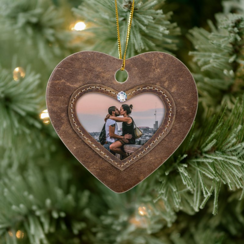 3Rd Wedding Anniversary Leather Heart Photo Ceramic Ornament