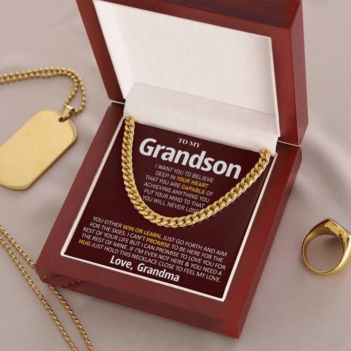 Grandson Necklace You Will Never Lose, You Either Win Or Learn Love, Grandma Cuban Link Chain Necklace - TGV