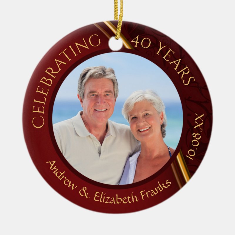 40Th Anniversary, 2-Sided, 2-Photo, Ruby & Gold Ceramic Ornament