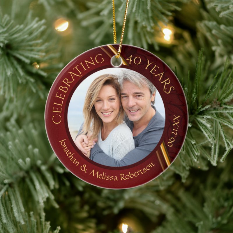 40Th Anniversary Photo, Ruby Red And Gold Custom Ceramic Ornament