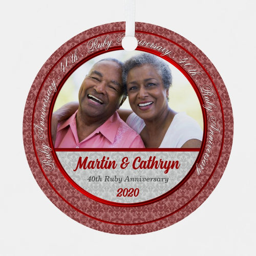 40Th Ruby Anniversary Red And Silver Damask Photo Metal Ornament